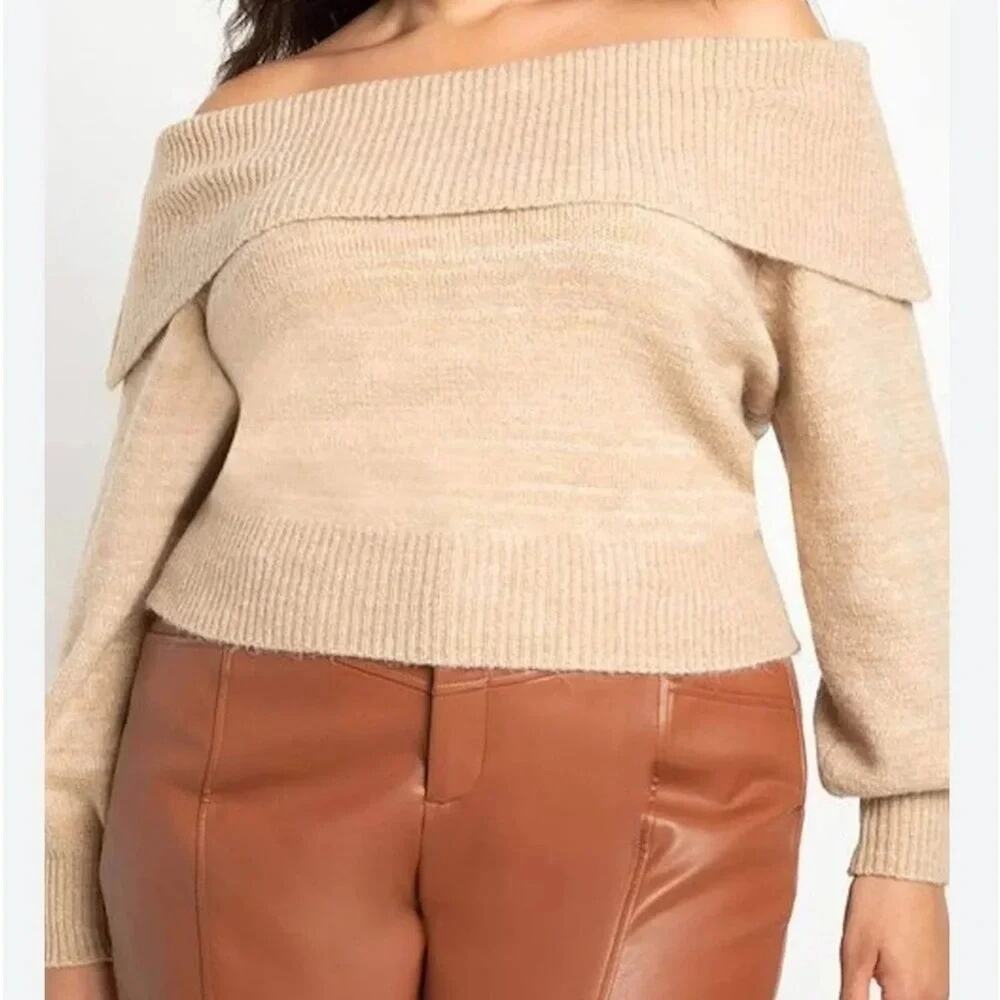 Eloquii Women's sweater off shoulder tan soft cozycore
